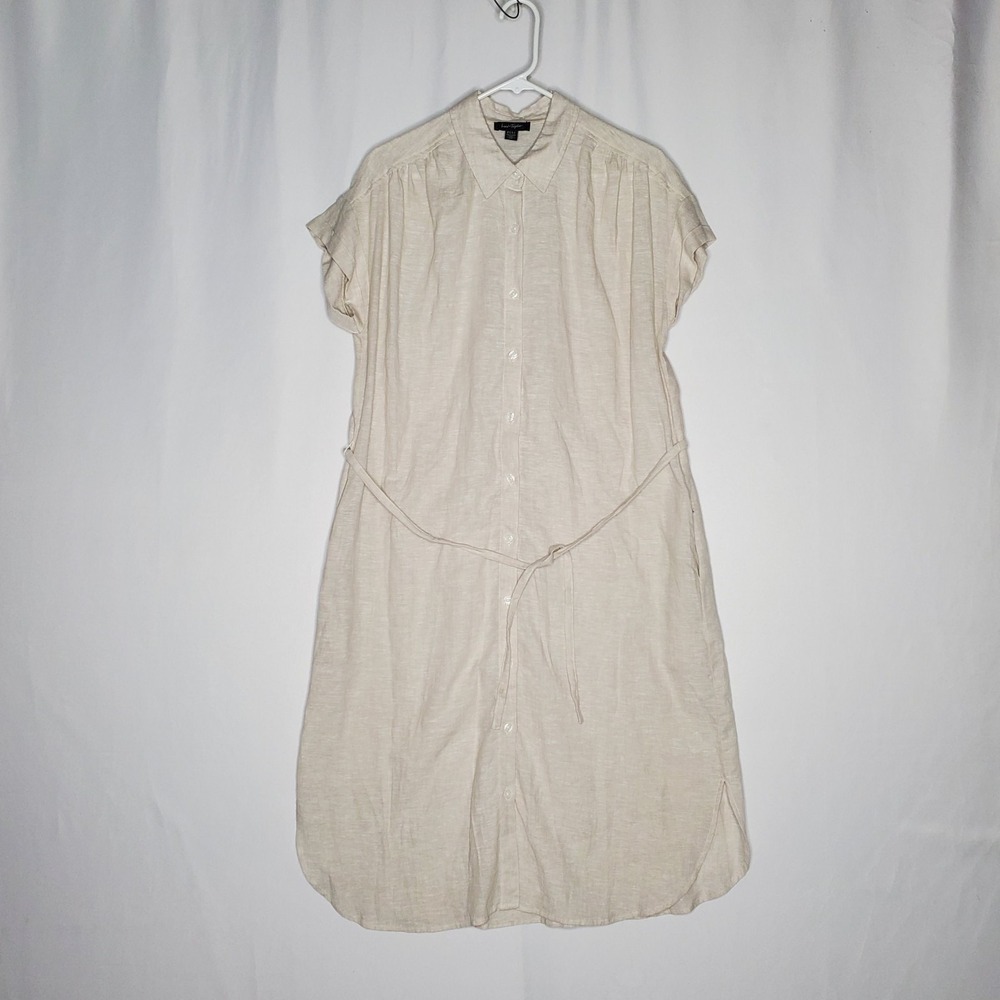 Lord Taylor Linen Midi‎ Shirt-Dress Medium Beige Short Sleeve Tie Waist Pocket